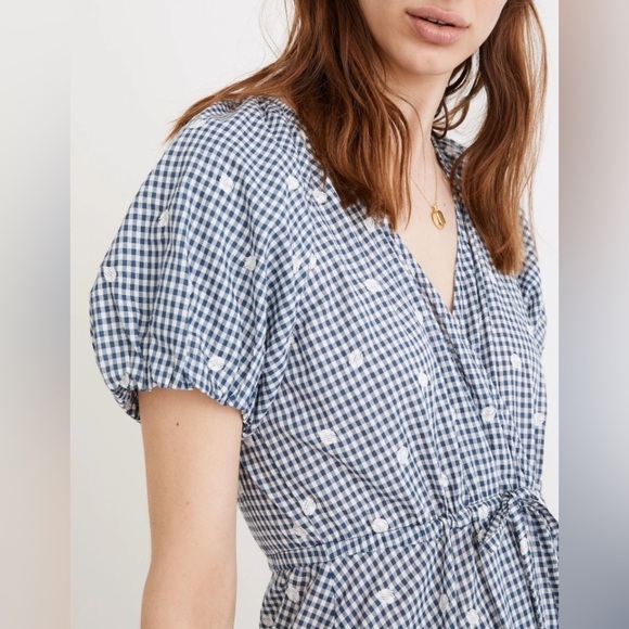 Madewell Dresses & Skirts - Madewell Embroidered Gingham Faux-Wrap Tie-Waist Midi Dress Large